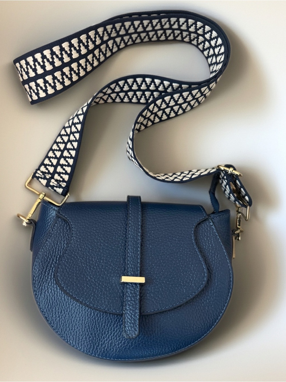 Navy Italian Genuine Leather Saddle Crossbody Bag Woven Strap